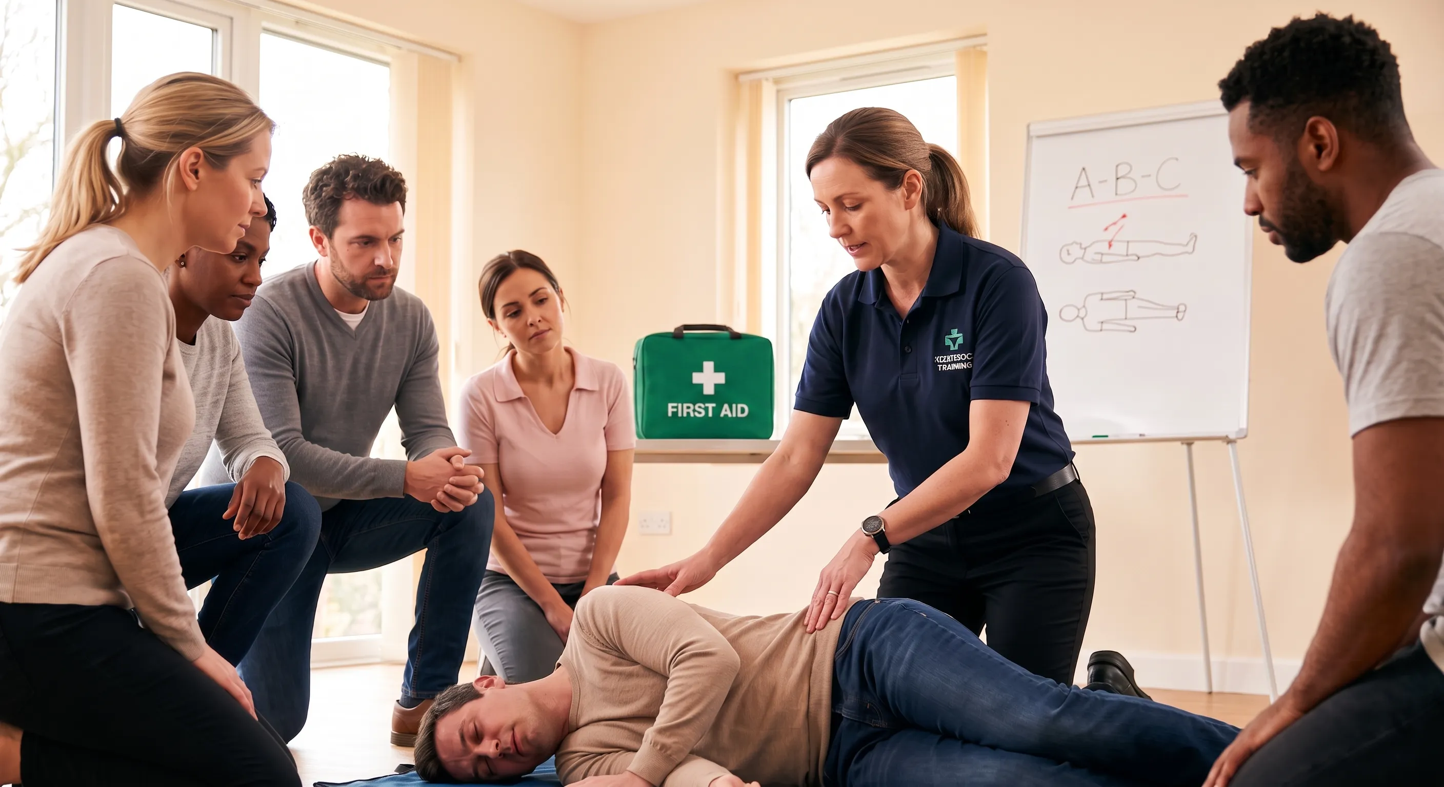 Instructor demonstrating practical first aid skills in Manchester